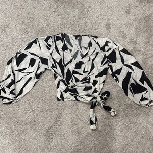 Express Black and White Abstract Tie-Waist Blouse